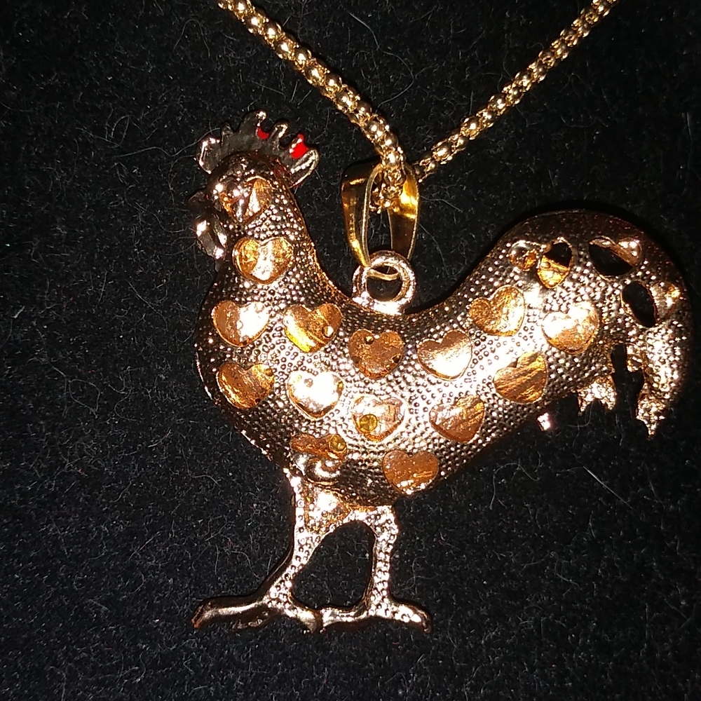 White Crystal and Red Enamel Rooster Pendant Necklace - Picture 4 of 7